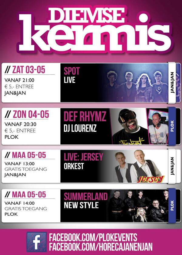 Check hier de gehele line-up van de #diemsekermis! Met oa @DefRhymz, @DJLOURENZ, <a href="/SpotBand/">Spot Band</a>, <a href="/Summerlandband/">Jan van Rijswijk.</a> en Jersey