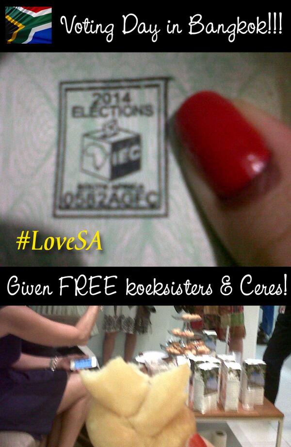 melfaller's tweet photo. #VoteHomeSA I have VOTED!! Best voting experience ever! NO queues and we were fed! #LoveSA #SouthAfrica #BangkokRocks http://t.co/BZyC36JhWE
