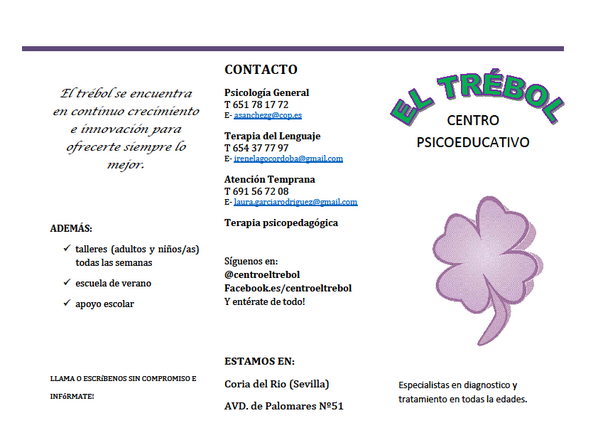 centroeltrebol's tweet photo. El nuevo triptico de "EL TREBOL" donde encontrareis toda la información detallada de los servicios de nuestro centro http://t.co/0AYW5aeYLw