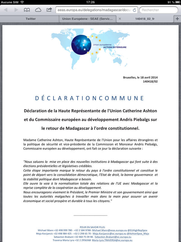 GroupeEUmada's tweet photo. déclaration positive et encourageante de C.Ashton et @AndrisPiebalgs sur nomination gouvernement #Madagascar @eu_eeas http://t.co/tMXt3TTxIX