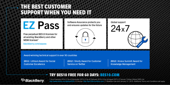 BlackBerry's tweet photo. With #EZPass you get free access to world-class tech #support, switch to #BES10 today #EMM http://t.co/9wvqZ9T25Z http://t.co/hP52716eZ7