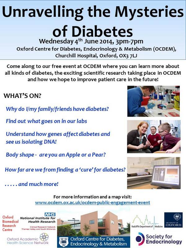 DrKathOwen's tweet photo. Come along to our public engagement event "Unravelling the Mysteries of Diabetes" OCDEM, Oxford June 4th 3-7pm http://t.co/4xr1pJoZ09