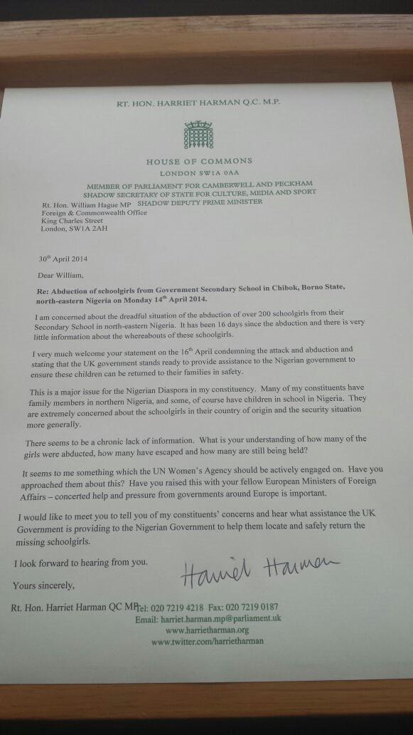 HarrietHarman's tweet photo. #BringBackOurDaughters #BringBackOurGirls Our govt must do all it can to help. My letter to Foreign Sec http://t.co/BqlAmaQvOk