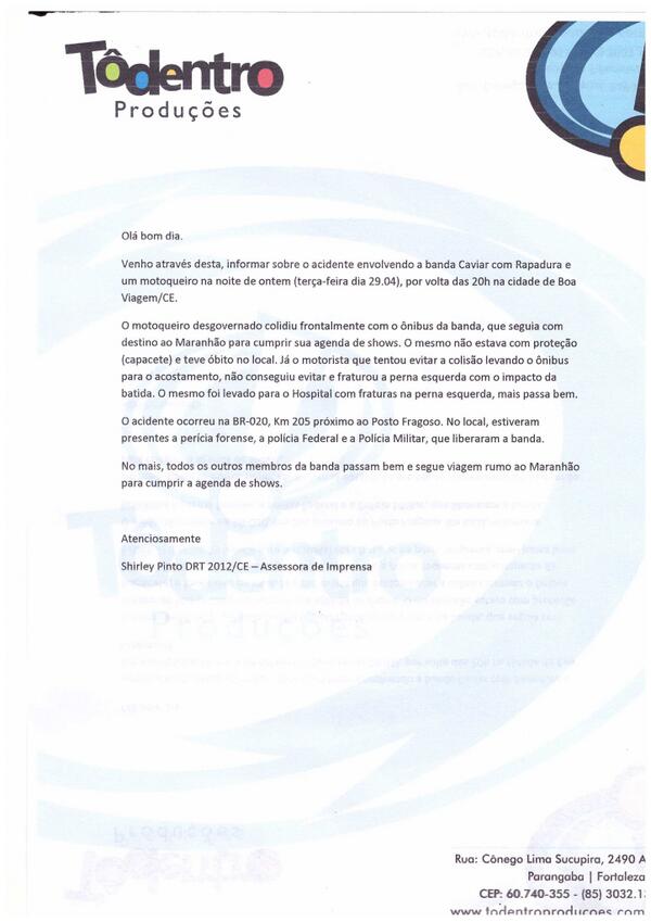 BandaCaviar's tweet photo. Nota Oficial - Acidente envolvendo a Banda Caviar com Rapadura. http://t.co/acTUqLwLxZ