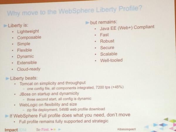 Rispna's tweet image. Why should you move to WebSphere Liberty profile? #ibmimpact