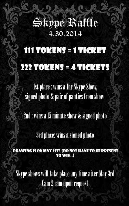 SKYPE RAFFLE is here!! TODAY ONLY so be sure to get those tickets in on #myfreecams http://t.co/FDYsAMgeNb<a href="/tag/myfreecams"class="tags"><span>#myfreecams</span></a>