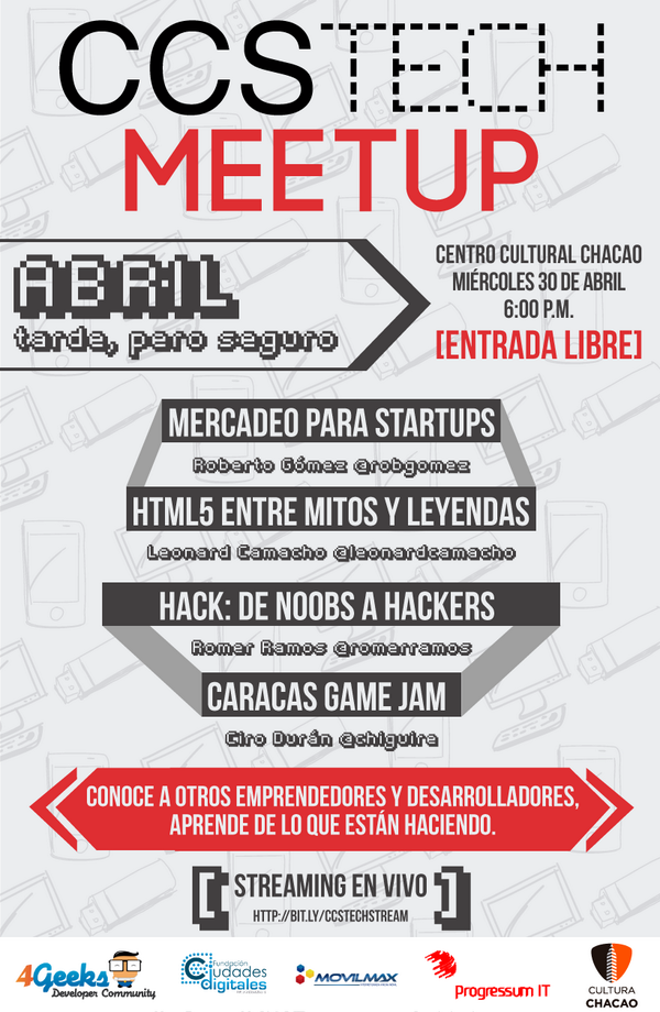 Vikua_'s tweet photo. Nos vemos a las 6.30pm en el @culturachacao para el #CcsTechMeetUp organizado por @4GeeksLA http://t.co/b23e5r2L0C
