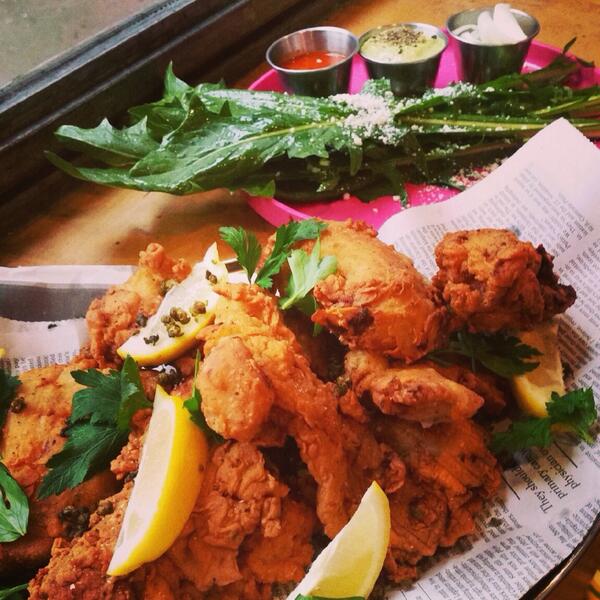 cantinanyc's tweet photo. NEW TONIGHT... Country Fried Rabbit with smoked ramp mayonnaise and sweet onion pickles http://t.co/d5iDK8gfR2
