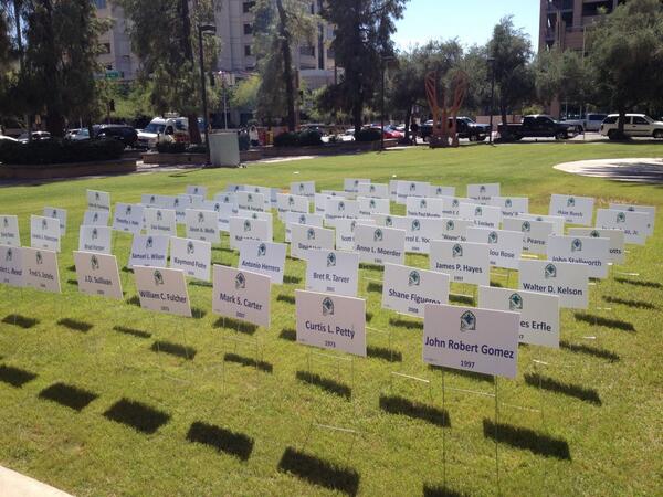dustingardiner's tweet photo. Council meeting on #phxunion contracts about to start. Outside, a memorial tribute to employees who died on the job. http://t.co/nW4R8sCuzR