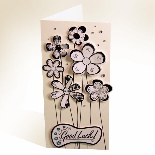 LittleBigTree's tweet image. A high contrasting 'Good Luck' card made with our 'Wings and Flowers' CD. #cardmaking #flowers #GoodLuck