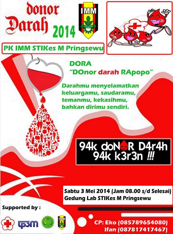kutilah donor darah di STIKes M Pringsewu
buktikan jiwa sosialmu 
hari sabtu tgl 3 mei 2014 di lab  STIKes M Prngswu