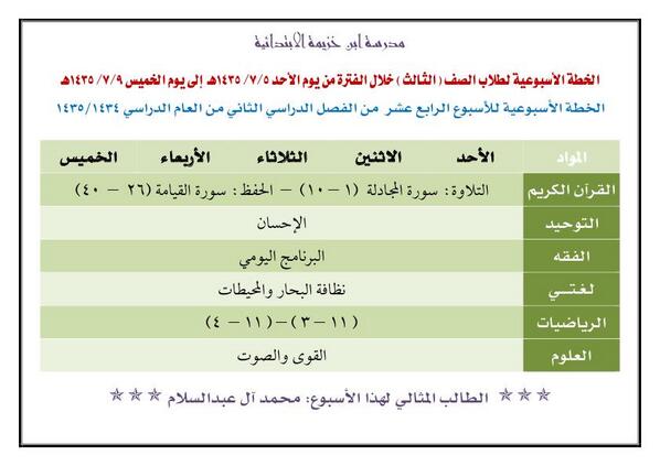 k4261901's tweet photo. الخطة الأسبوعية للأسبوع الرابع عشر من الفصل الثاني للفترة 5 / 7 / 1435 إلى  9 / 7 / 1435 للصف الثالث الابتدائي http://t.co/vEOBZqWCiy