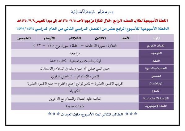 k4261901's tweet photo. الخطة الأسبوعية للأسبوع الرابع عشر من الفصل الثاني للفترة 5 / 7 / 1435 إلى  9 / 7 / 1435 للصف الرابع الابتدائي http://t.co/Hsbzqniisj