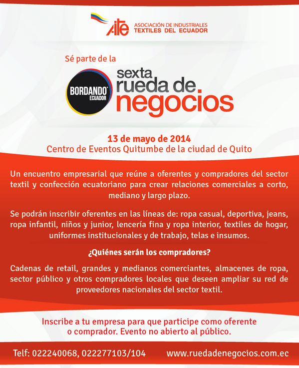 Ceestra's tweet photo. Participe en VI Rueda de Negocios sector textil ecuatoriano. Visite http://t.co/DoEWwlTmgH  favor RT @andrebernal26 http://t.co/AOD2Ub9p1f