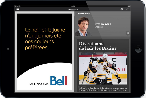 RemiAboussouan's tweet photo. Sympathique clin d'oeil à #Videotron et aux #Bruins de Boston, dans la pub de #Bell, ce matin.
#GoHabsGo http://t.co/Z4Y5vmko3w