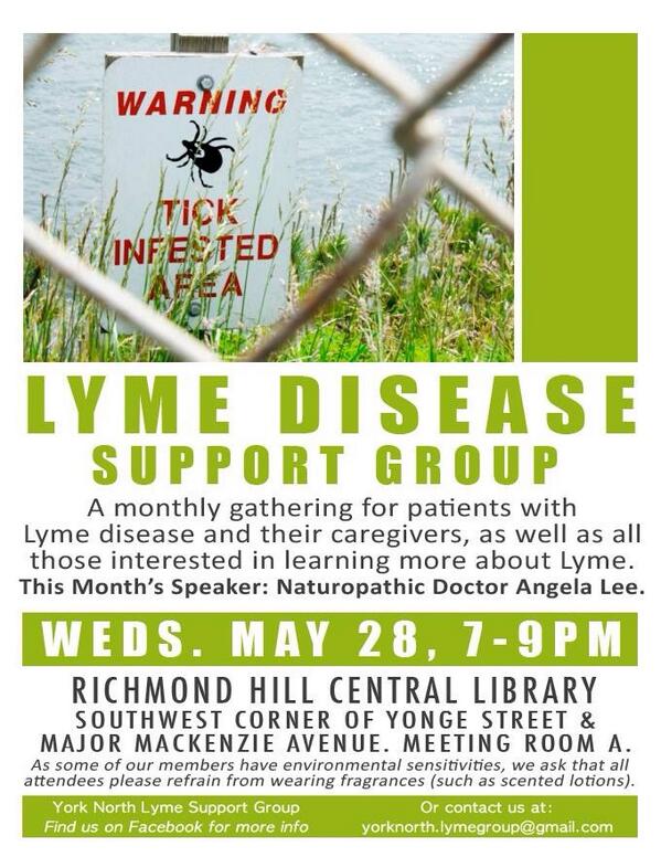 LymeDiary's tweet photo. Lyme Disease SUPPORT GROUP meeting May 28, Richmond Hill, Ontario - #LymeWorld http://t.co/1HyUhzvDHJ
