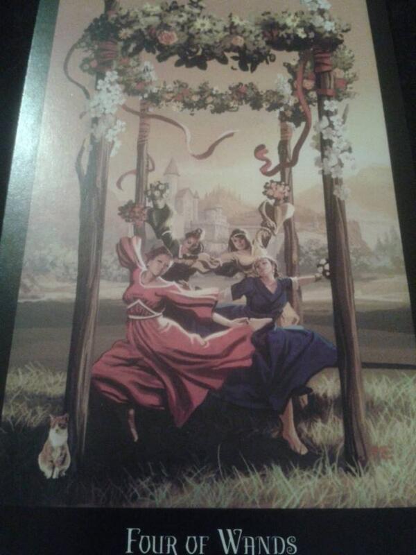 Tarotpriestess's tweet photo. Four of Wands (Witches Tarot) The fires have burned. The poles are up. Time for celebration. Happy Beltane! http://t.co/G7VPUdXO0Q