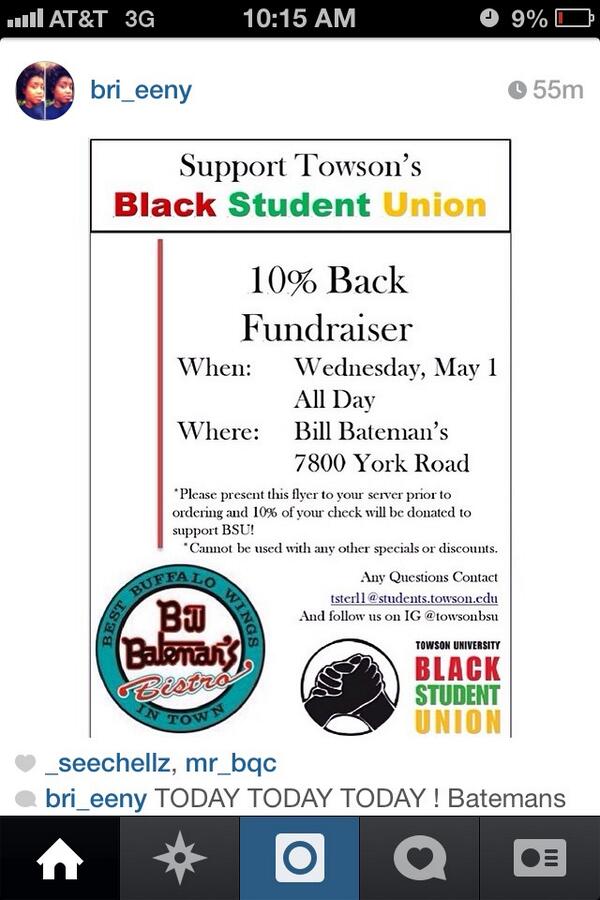 Teisa4Prez's tweet photo. Bateman's is the move ALL DAY! &amp; when you go, don't forget to show the flyer and help support @TowsonBSU 😊✊💛❤💚💂 http://t.co/6TKXrdy3QU