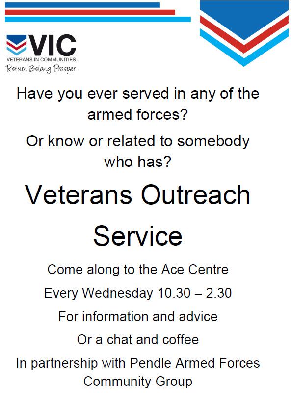 Served in the forces and need advice/info? Come along to Veterans Outreach Service, on Wednesdays 10.30am - 2.30pm