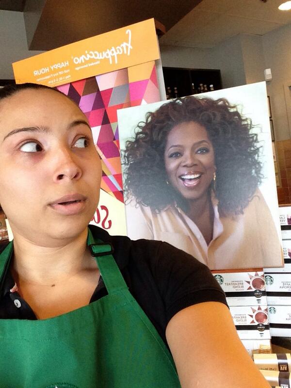 Chai_Shy85's tweet photo. She's right behind me, isn't she? She sees you when your sleeping... #oprahselfie #oprahchai #oprahshy #starbucks http://t.co/kgN6eSjyFR