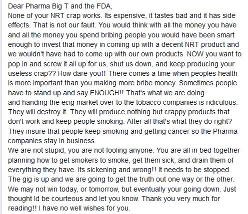 VapeBans's tweet photo. RT @MicroBrewlady ".@FDATobacco @CDCTobaccoFree STOP LYING ABOUT HARM REDUCTION. http://t.co/4tlmN5jzC7"