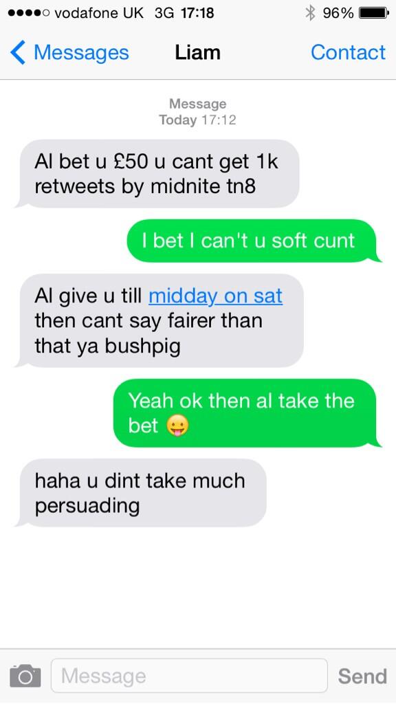 _smithy87's tweet photo. My mate as bet me £50 I can't get 1k retweets Bfor sat midday please can ya retweet it 🙏 don't want the cunt winning http://t.co/SJUwfbgMka