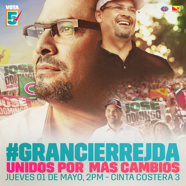 #GranCierreJDA
Hoy, desde las 2:00 PM
Recuerda #Vota5, vota <a href="/JDAriasV/">José Domingo Arias</a> Presidente