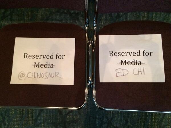 adruin's tweet photo. Reserved seating for VIPs at the #CHI2014 closing plenary!! @edchi @CHINOSAUR http://t.co/pBeNmjDv51