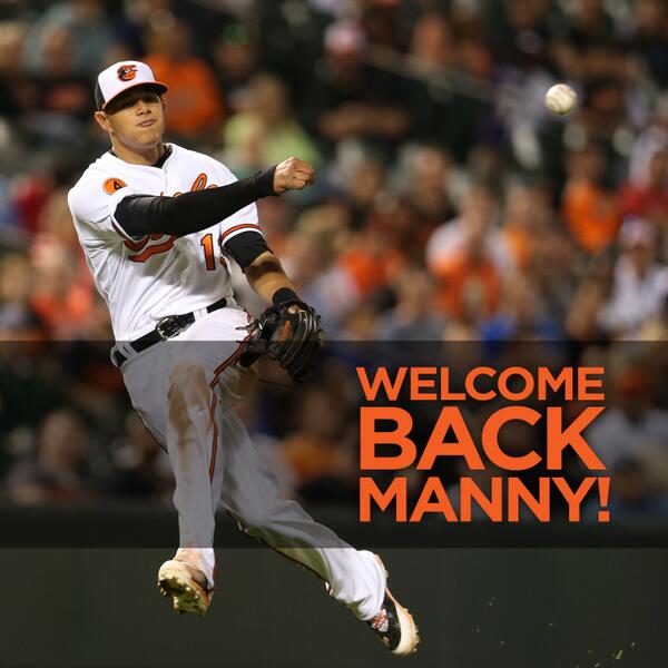 Orioles's tweet photo. He's baaack! Retweet this to welcome Manny back to #Birdland! #HakunaMachado #Mannyisback http://t.co/Y2O4T9igkj