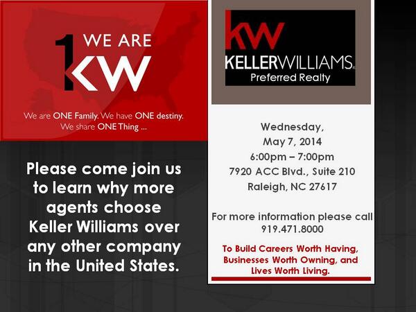 KWTriangle's tweet image. Join us for Career Night on Wednesday, May 7 and learn why more agents choose Keller Williams over any other company