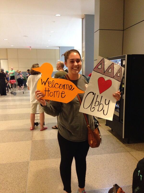 TriDeltaNCSU's tweet photo. Welcome back to America @Abbington55! We missed you so much! 🇺🇸💙 http://t.co/qLpHmNLH2p