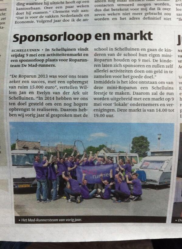 Komt u ook op 9 mei naar de activiteitenmarkt en sponsorloop tbv Roparunteam de Mad-runners?