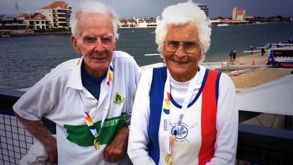 We've just met the two oldest competitors at #AMRC2014! Ted James (87) and Hazel Kratz (85) won their race! <a href="/SARowing/">RowingSA</a>