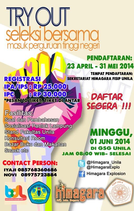 <a href="/SuryaDharma2bdl/">SMA Surya Dharma 2</a> TryOut SBMPTN <a href="/Himagara_Unila/">Adm. Negara Unila</a> | 1 Juni 2014 | HTM: IPA/S 25k &amp; IPC 30k | GSG UNILA | CP: 08975723884