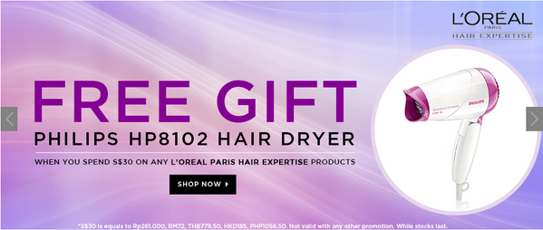DiscountCodesSG's tweet photo. Spend S$30 on any L'LOREAL Paris hair expertise products &amp; get a Free Philips hair dryer.
http://t.co/Yv3FjVE5QX http://t.co/ZQtWoQi5Bi