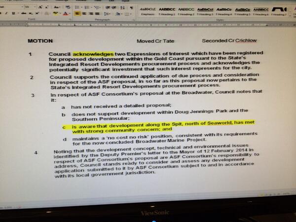Here's a copy of the resolution of Council in relation to the Broadwater Marine Project, carried 9 votes to 6