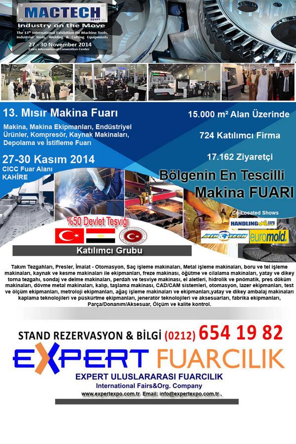 K.Afrikanın En Büyük Makine Fuarı, MACTECH CAIRO, 27-30 Kasım 2014...