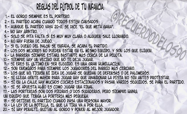 RecuerdoDeLos90's tweet photo. REGLAS DEL FÚTBOL DE TU INFANCIA. http://t.co/Wui26T2B0X