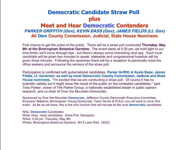 ALCollegeDems's tweet photo. @OTMDems will be hosting a candidate forum May 8th @ Bham Botanical Gardens! @FieldsforLtGov @ALHSDA @Griffith2014 http://t.co/5QHqPIRPts