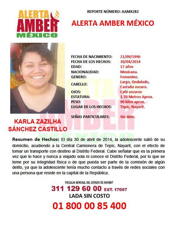 udg_oficial's tweet photo. #AlertaAMBER por la menor Karla Zazilha Sánchez Castillo, cualquier información al teléfono. 018000085400. http://t.co/bqCtuNHiV0