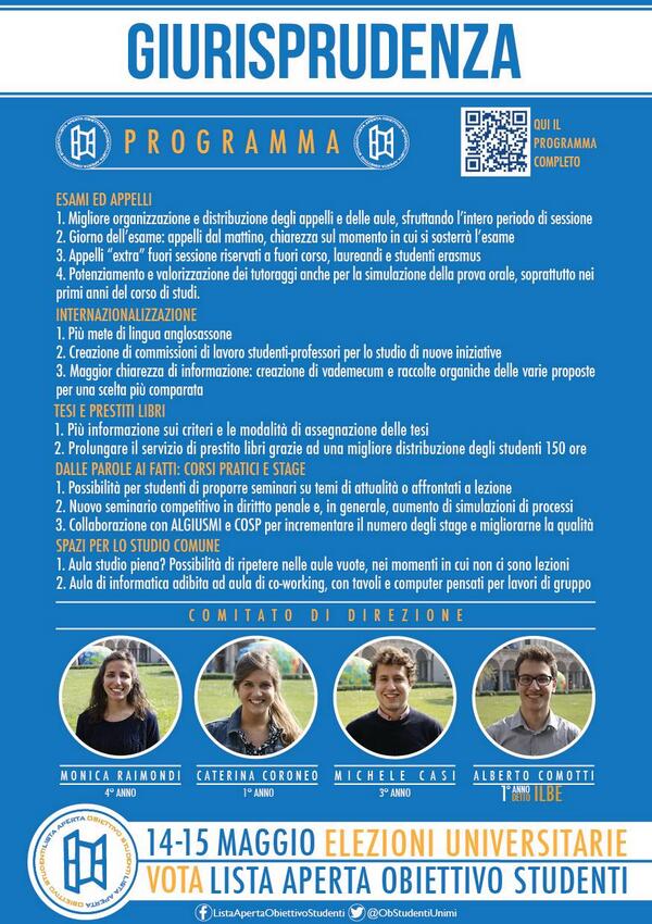 ObStudentiUnimi's tweet photo. Il programma per Giurisprudenza! #EleUnimi14 #ObStudentiGiurisprudenza #insiemepercostruire https://t.co/snVds6Loic http://t.co/qwwitXYghb