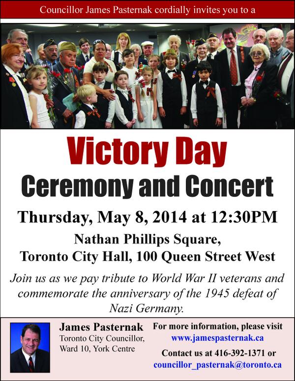 PasternakTO's tweet photo. Help us pay tribute to our World War II Veterans this Thursday, May 8 at 12:30 in Nathan Phillips Square. http://t.co/1vbQZl9MTn
