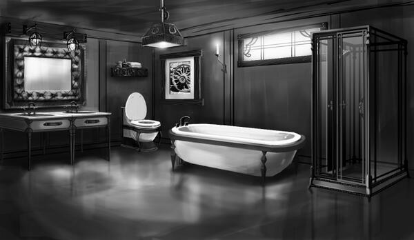 Fabulous room view concept art from The Sims 3 Pets featuring a Gothic Americana Bathroom. 1/5