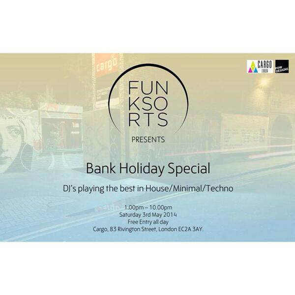 ConcretePR's tweet photo. Saturday 1PM til 10PM @Funksorts takes over @Cargo_LDN for an all day bank holiday special! Free entry &amp; BBQ all day. http://t.co/5gJsjqE4sY