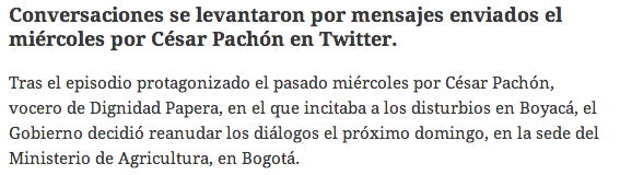 ParoAgrario2014's tweet photo. Medios al servicio de @JuanManSantos culpan a @CesarPachonAgro de cese en negociaciones de gobierno con dignidad agro http://t.co/mXrIeUTagT