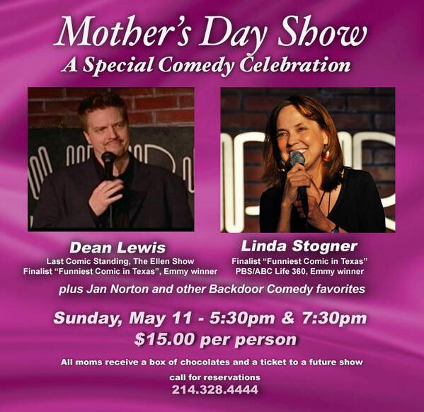 BackdoorComedy's tweet photo. Celebrate Mom's Day at Backdoor, Sunday May 11th! Your mom will love it! http://t.co/kljWJ2QDox