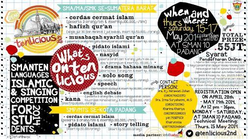 infoSumbar's tweet photo. TENLICIOUS 2 | Languages, islamic &amp; singing competition for students | May 15-17th '14 at SMA 10 Pdg | @Tenlicious2nd http://t.co/vl5CPZ4ukc