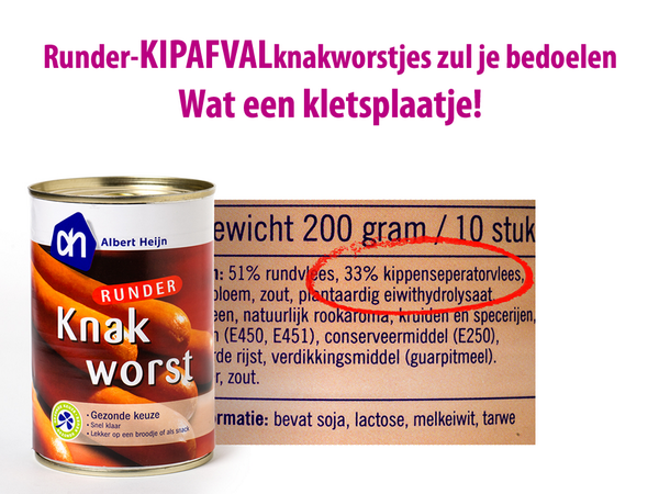 Consumentenbond's tweet photo. AH runderknakworst? Naast 51% rundvlees ook 33% kippenseperatorvlees. Stem http://t.co/VQ4vtUHzR8 #kletsplaatjes http://t.co/NDhY4x7R0D