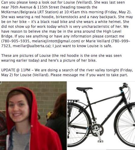 MikeHudema's tweet photo. Pls RT. My friend Louise Veillard is #missing. Please help us find her. Last known whereabouts below. #edmonton #yeg http://t.co/1gPBLyCRza
