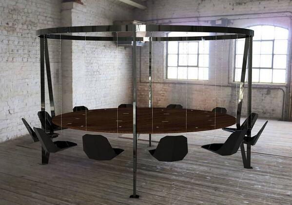designboom's tweet photo. the boardroom becomes the playground with ‘king arthur, round swing table’ by @duffylondon http://t.co/uowEO6WQFV http://t.co/1v176dc4mt